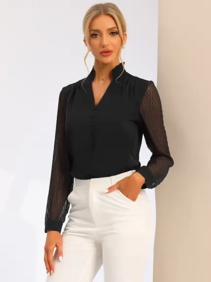 Allegra K - V Neck Sheer Long Sleeve Work Shirt