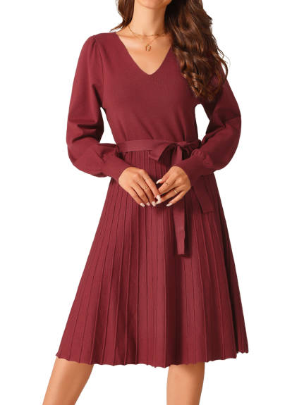 Allegra K - V-Neck Tie Waist Pleated Dress