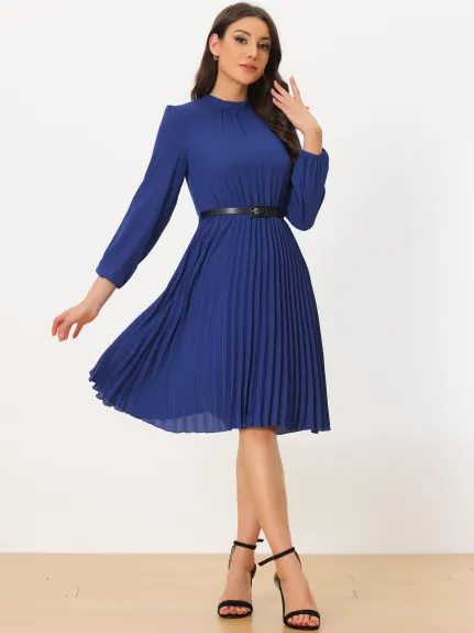 Allegra K- Elegant Long Sleeve Pleated Midi Shirt Dress