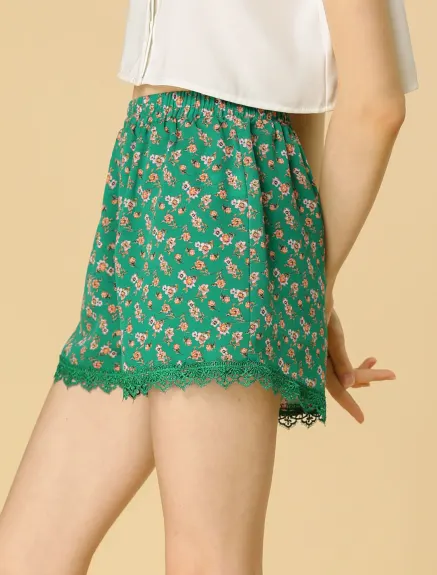 Allegra K - Summer Floral Printed Lace Trim Beach Shorts