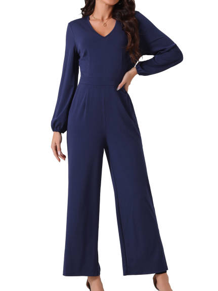 Allegra K - V Neck Long Sleeve Wide Leg Jumpsuit