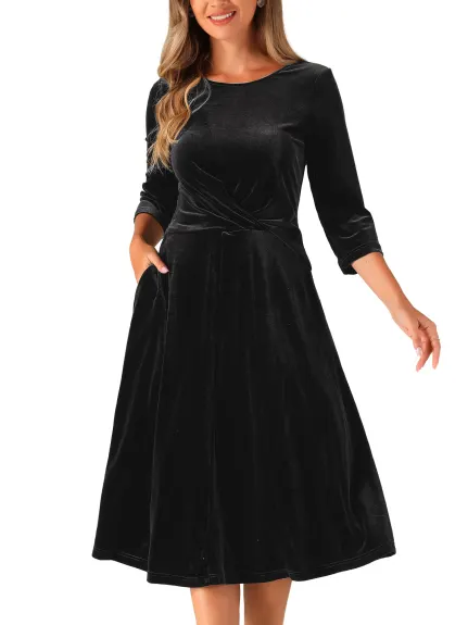 Allegra K - Velvet Crew Neck A Line Midi Dress