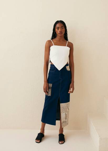 Hilary MacMillan- Patchwork Denim Midi Skirt