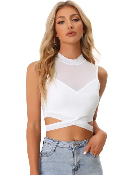 Allegra K- Mesh Sheer Sleeveless Waist Cross Crop Cami Top