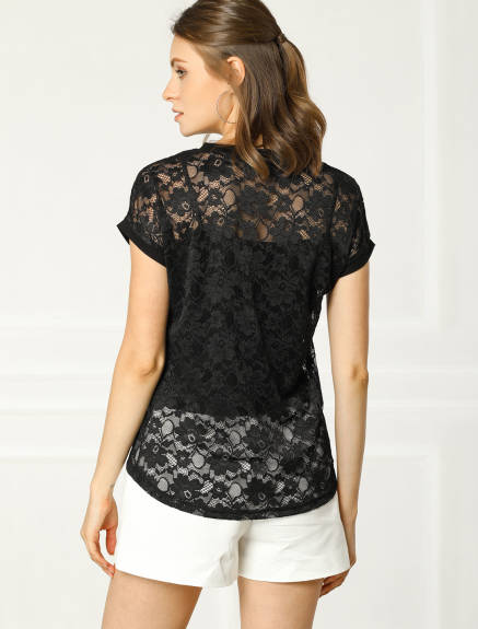 Allegra K- Lace Floral Embroidery See-Through Top