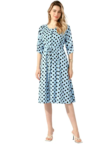 Allegra K - Polka Dots Ruched Sleeve Midi Dress