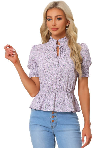 Allegra K - Ruffled Neck Summer Floral Peplum Top