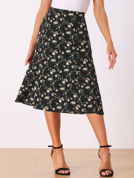 Allegra K- Elastic Waist A-Line Midi Leave Print Skirt