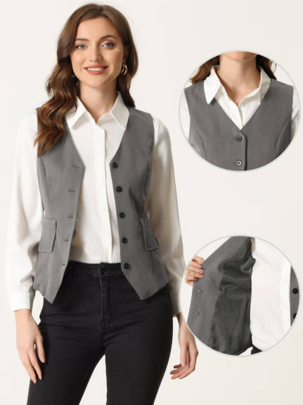 Allegra K- Button Up Belt V Neck Waistcoat