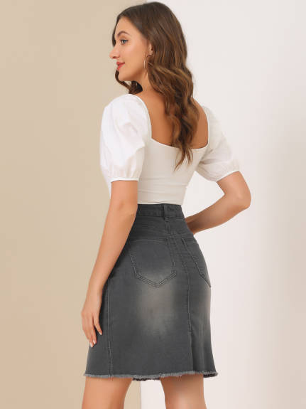 Allegra K- Distressed Ripped Hem Washed Denim Skirt