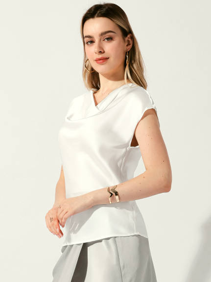 Allegra K - Cowl Neck Short Sleeve Satin Top