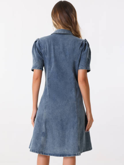 Allegra K - Puff Sleeve Button Down Collared Denim Dress