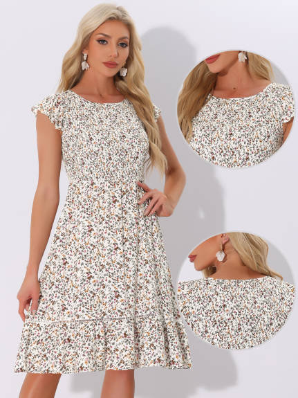 Allegra K - Fit and Flare Floral Midi Smocked Dress