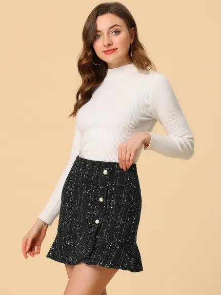 Allegra K- Plaid Ruffle Hem Tweed Mini Skirt