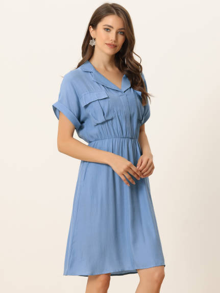 Allegra K- Notched Lapel V-Neck A-Line Shirt Dress