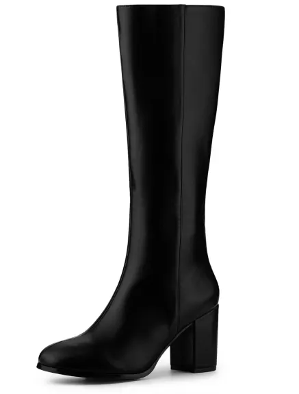 Allegra K - Round Toe Block Heels Knee High Boots