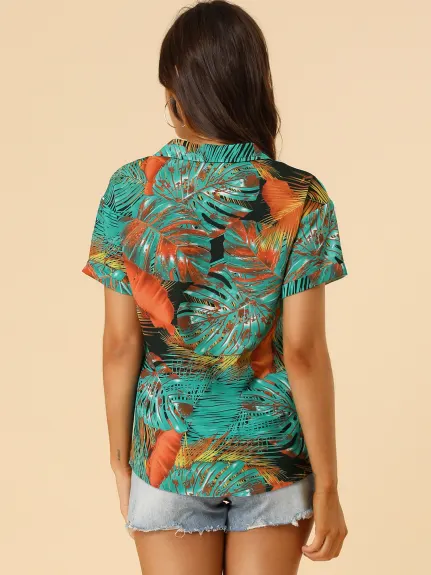 Allegra K- Beach Tropical Printed Button Down Shirt