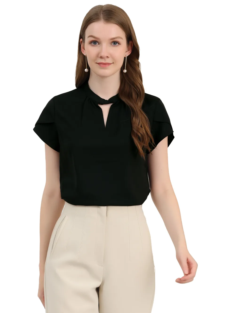 Allegra K- Stand Collar Twist Keyhole Neck Petal Sleeve Blouse