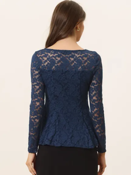 Allegra K - Long Sleeve Lace Sheer Peplum Top