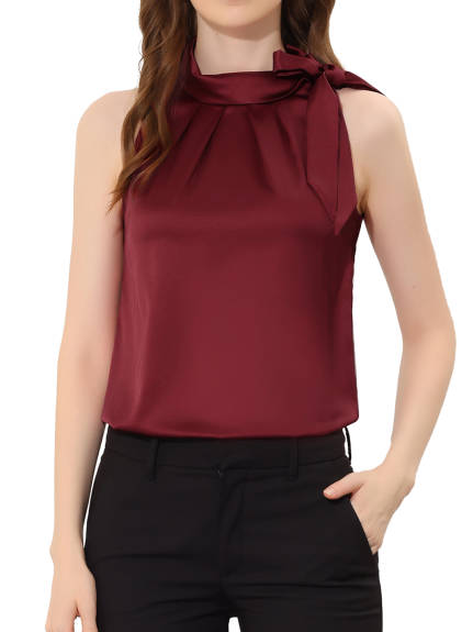 Allegra K - Satin Sleeveless Tie Neck Work Blouse