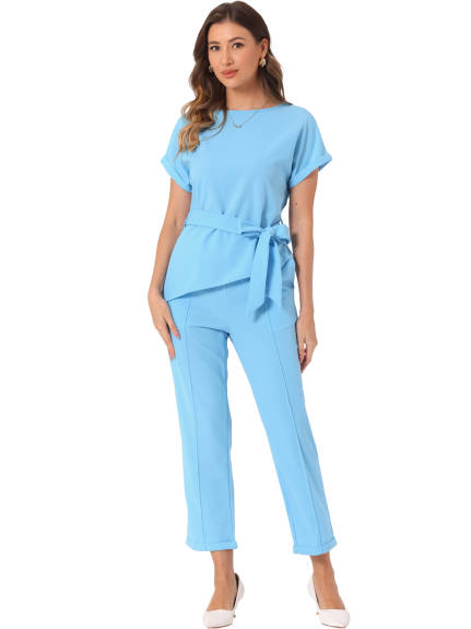 Allegra K - 2 Piece Round Neck Short Sleeve Suit Set