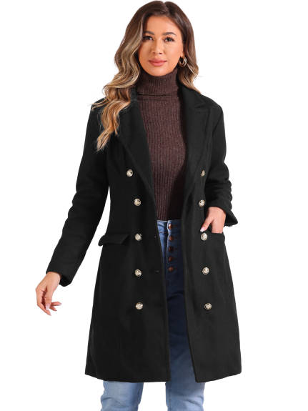 Allegra K - Notched Lapel Double Breasted Mid Long Pea Coat