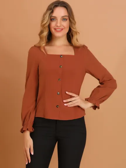 Allegra K- Square Neck Button Ruffle Cuff Long Sleeve Blouse