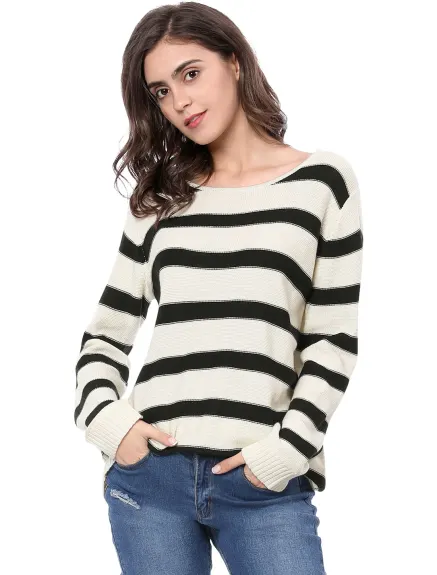 Allegra K- Round Neck Drop Shoulder Loose Striped Tunic Sweater