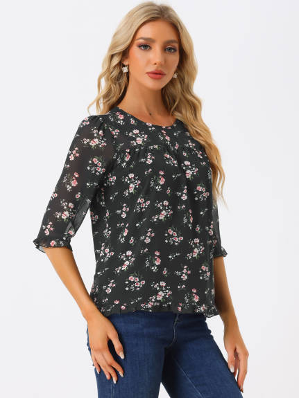 Allegra K- Floral Ruffled 3/4 Sleeve Chiffon Blouses