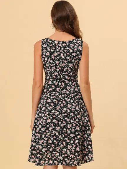 Allegra K- Robe midi en mousseline florale sans manches à col carré