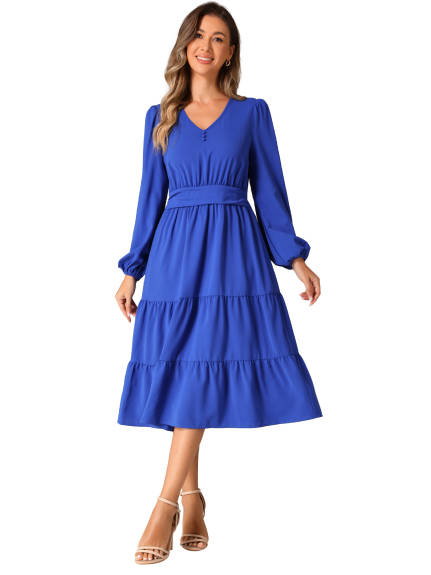 Allegra K - V Neck Lantern Sleeve Ruffle Flowy Dress