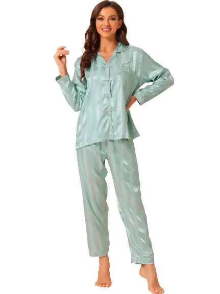 cheibear - Satin Lounge Stripe Button Down Pajama Set