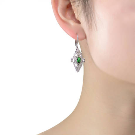 Genevive Sterling Silver White Gold Plating with Oval and Round Emerald Green Cubic Zirconia Leverback Earrings