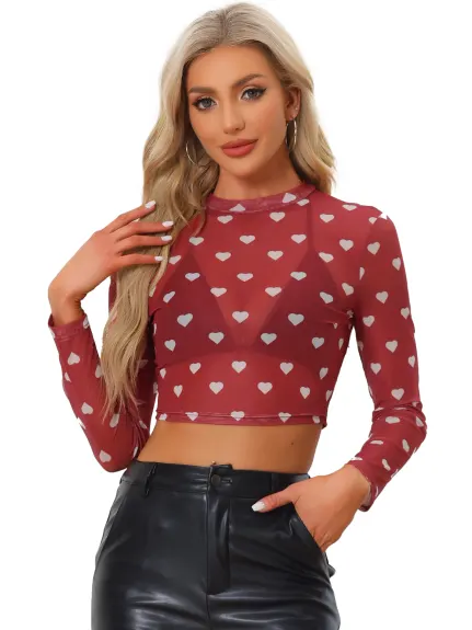 Allegra K- Semi-Sheer Blouse Heart Print Crop Mesh Top