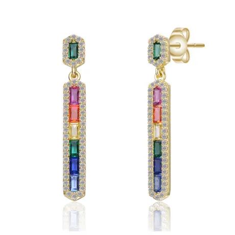 Boucles d'oreilles pendantes linéaires en argent sterling plaqué or 14 carats avec zircones cubiques multicolores Genevive