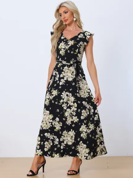 Allegra K - Summer Belted Floral Maxi Dress