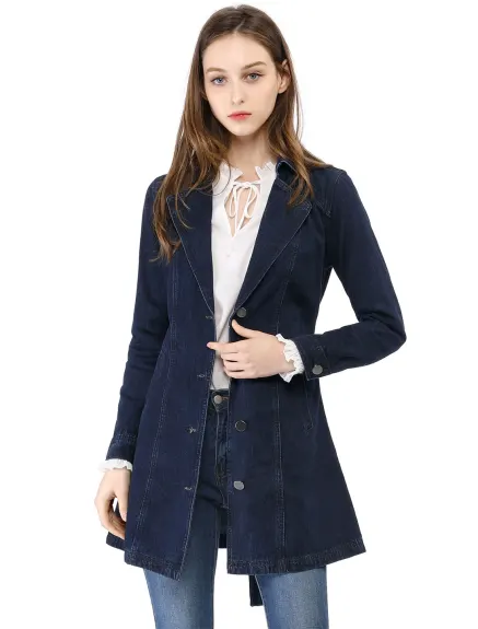 Allegra K- Notched Lapel Button Belted Long Denim Jacket