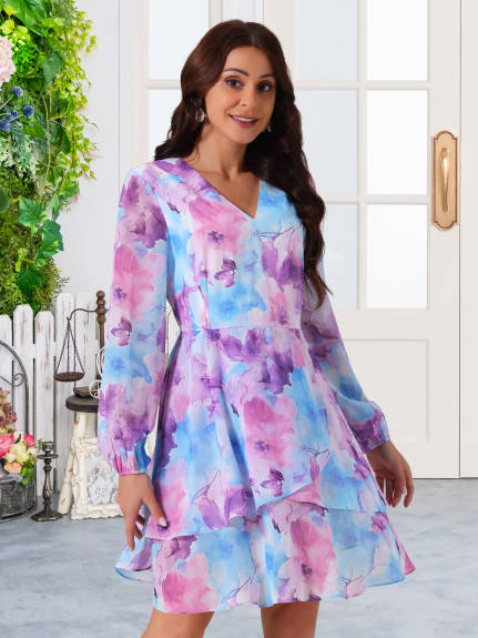 Allegra K - V-Neck Long Sleeve Floral Dress