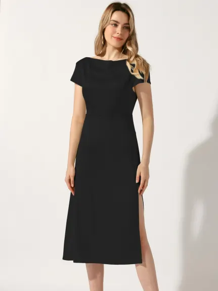 Allegra K - Satin Cowl Neck Cap Sleeve Midi Dress