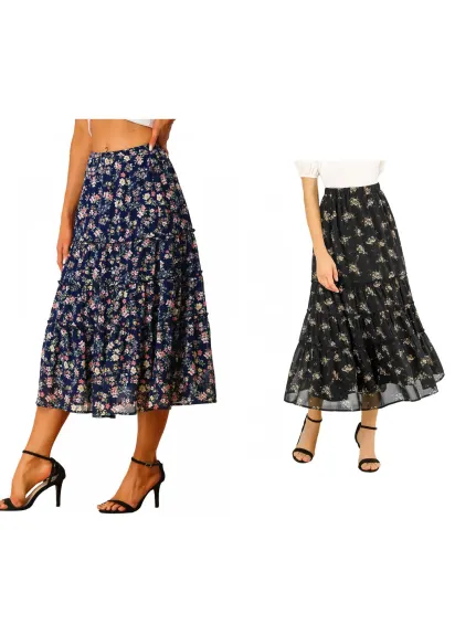 Allegra K- Floral Tiered A-Line Long Chiffon Skirt