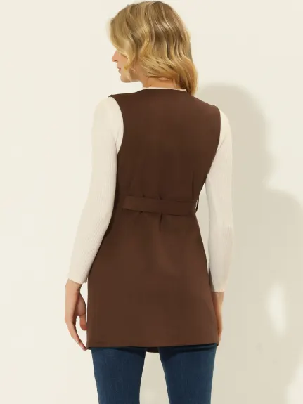 Allegra K- gilet en daim Cardigan ceinture veste longue Blazer sans manches