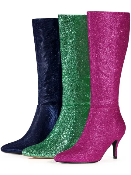 Allegra K - Glitter Stiletto Heel Knee High Boots