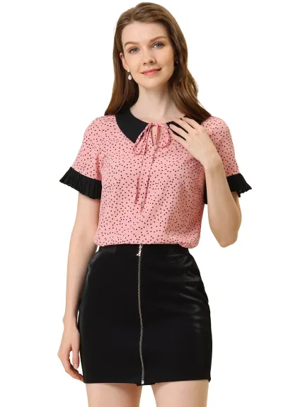 Allegra K- Contrast Doll Collar Polka Dots Blouse