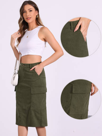 Allegra K - High Waist Corduroy Cargo Skirt