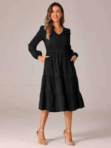 Allegra K - V Neck Lantern Sleeve Ruffle Flowy Dress