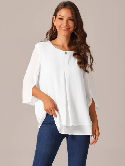 Allegra K - Casual Round Neck 3/4 Sleeve Chiffon Blouse