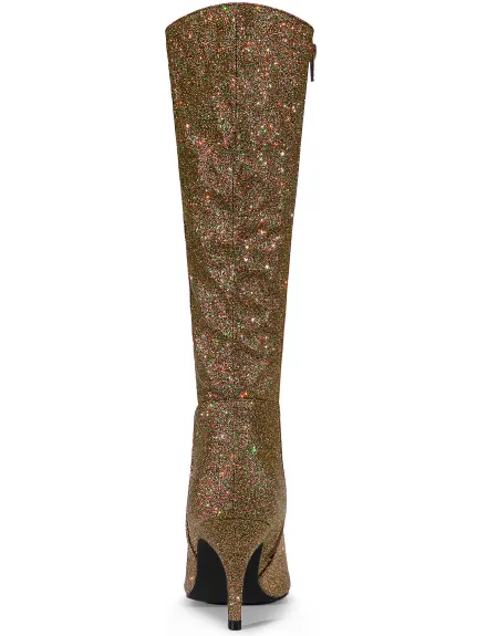 Allegra K - Glitter Stiletto Heel Knee High Boots