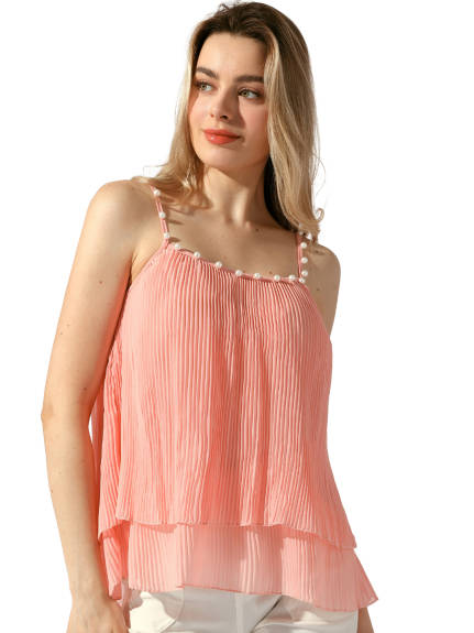 Allegra K - Double-Layer Pleated Ruffle Spaghetti Strap Top