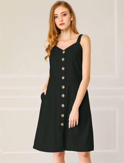 Allegra K- Belted Spaghetti Strap Button Dress