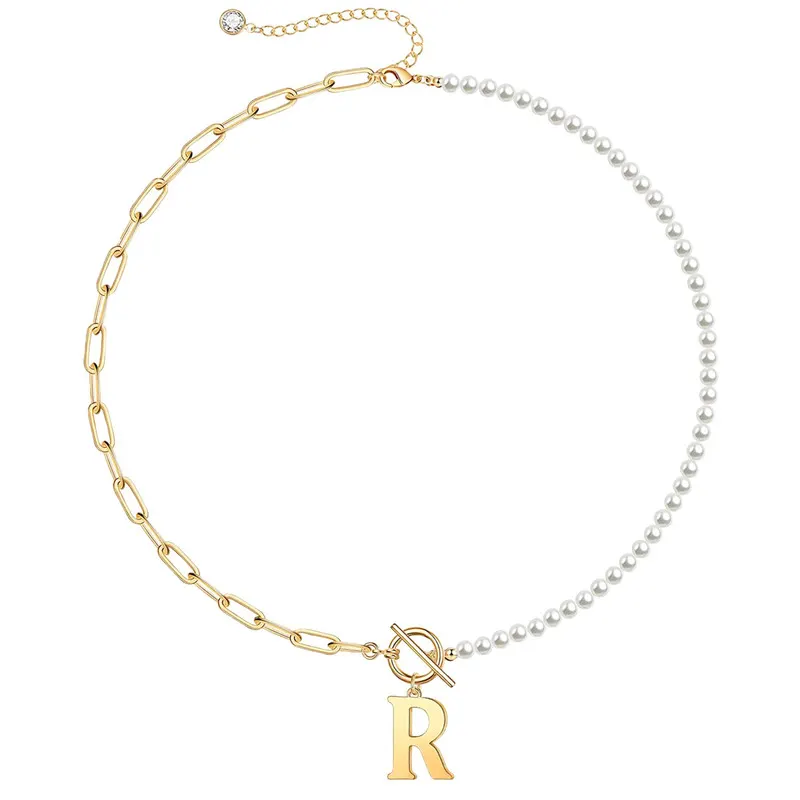 Rachel Glauber 14K Gold Plated Initial "R" Pearl Link Chain Necklace